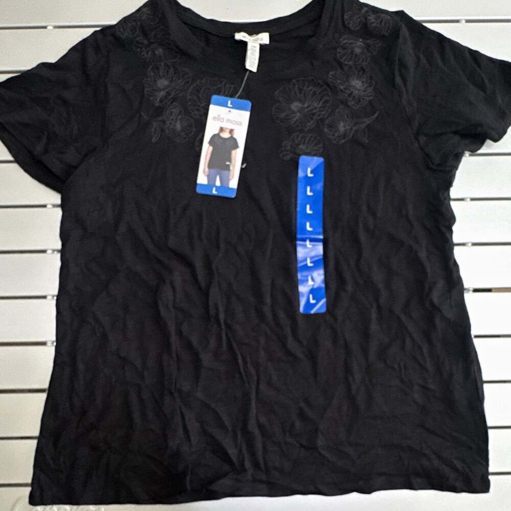 Ella Moss Women's Black Floral Embroidered Knit Crew Neck Tee Shirt Size L